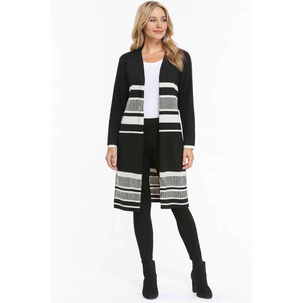 Vila Milano Black & White Stripe Open Front Long Cardigan, Size M